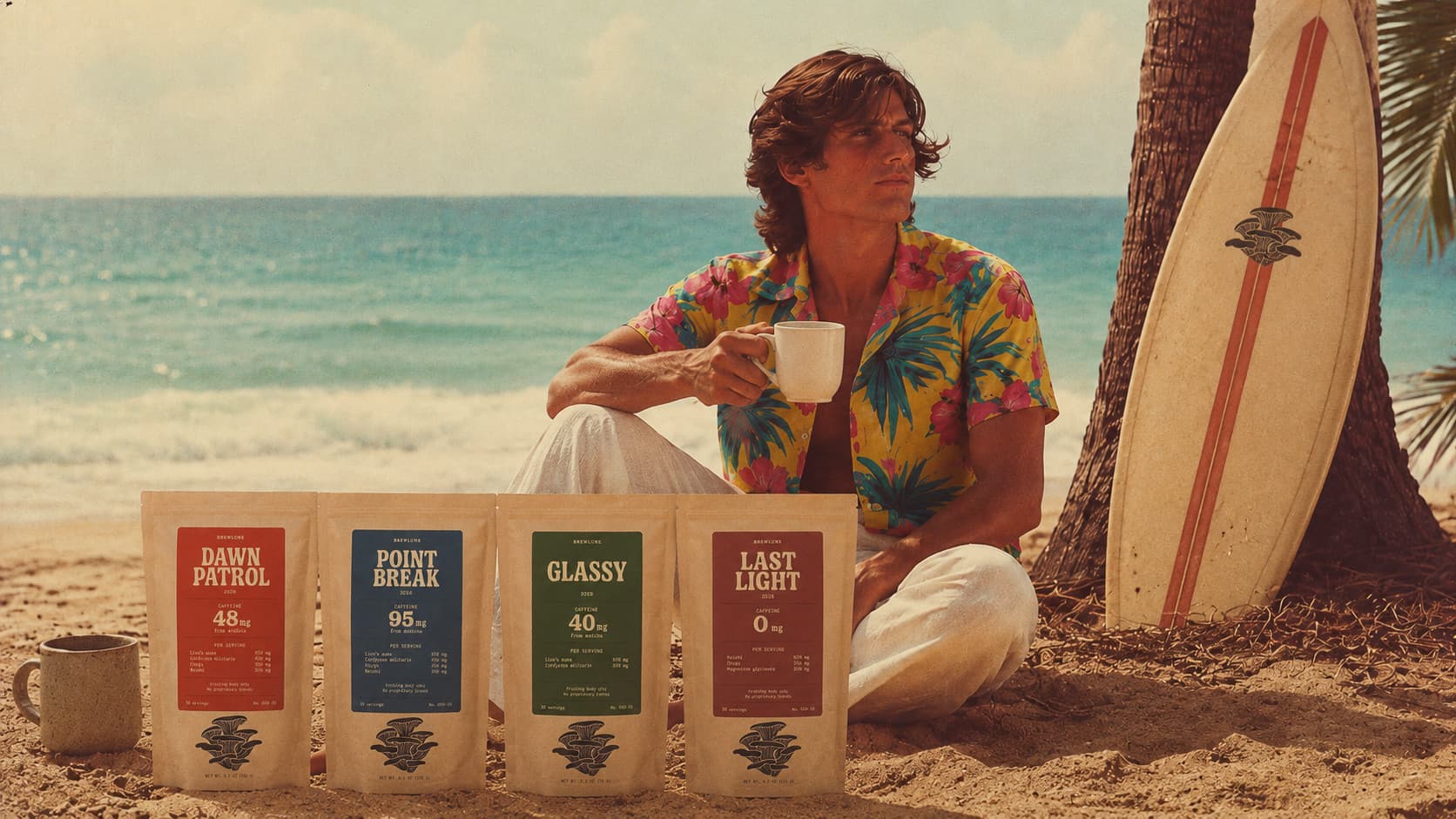 Surfer having a cup of Brewlune on the beach beside the four-bag lineup